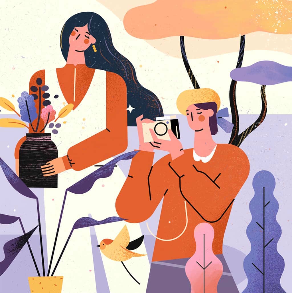 小园素纯手绘扁平风插画「飞鸟影」肌理最终版，画面质感丰富，由持花女子、拍照男子、飞鸟与植物风景元素构成，可编辑可商用