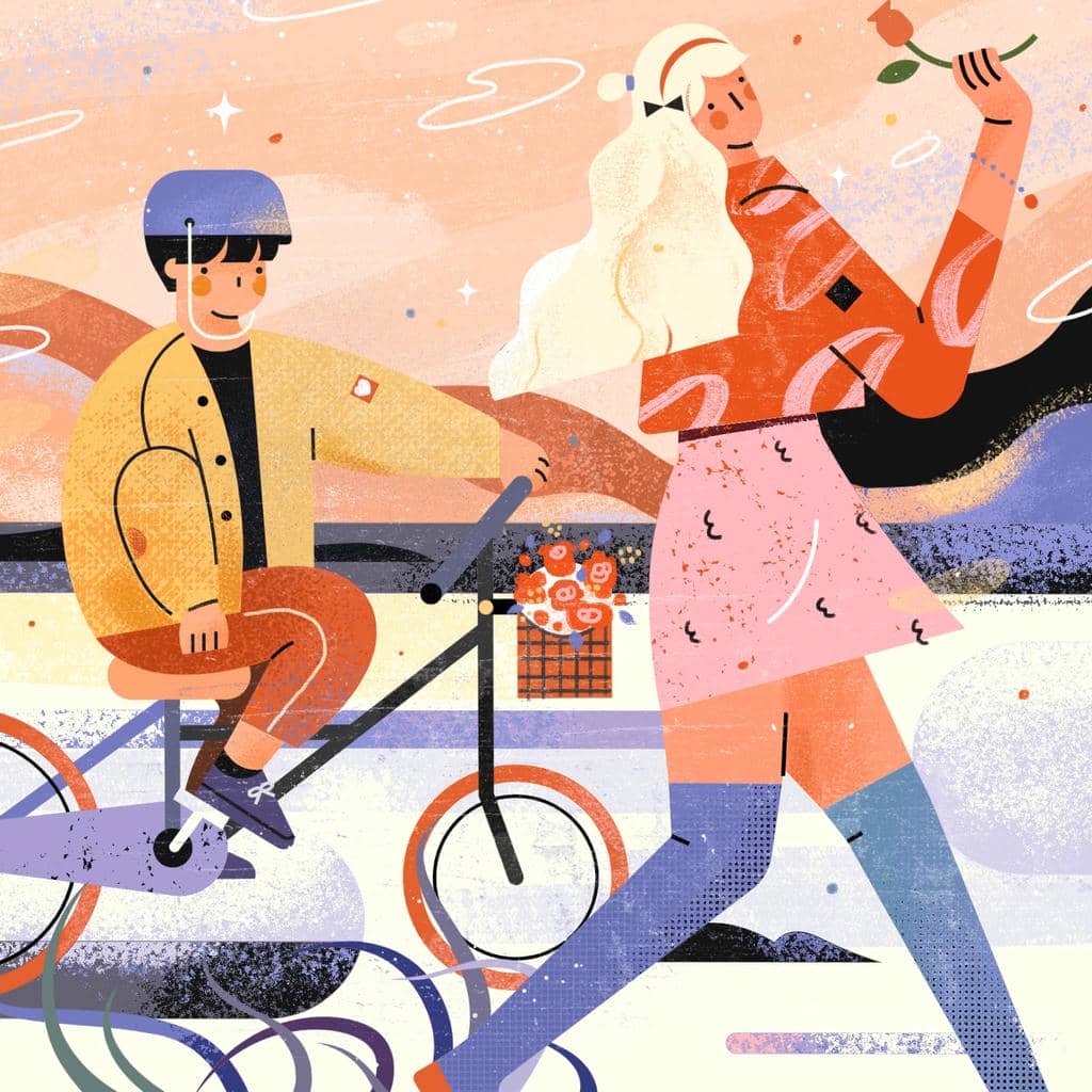 小园素纯手绘扁平风插画「沐光」肌理最终版，画面质感丰富，新增车筐花朵细节，可编辑可商用