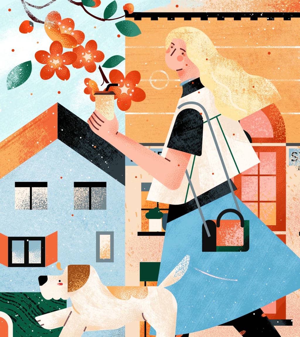 小园素纯手绘扁平风插画「光阴好①」肌理最终版，画面质感丰富，由持杯女子、小狗与街景建筑元素构成，可编辑可商用