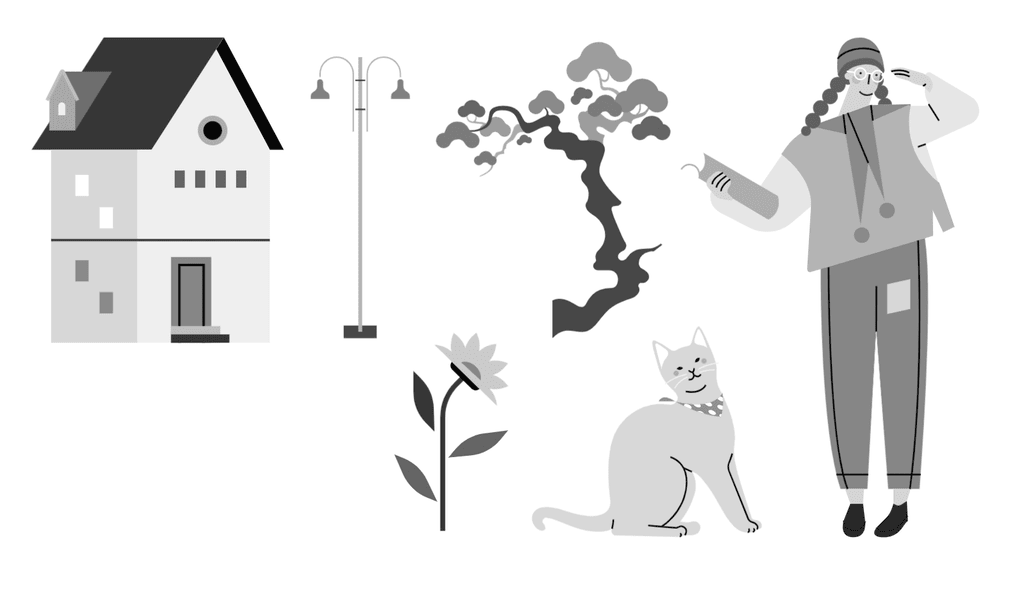 小园素纯手绘扁平风插画「光阴好②」的 SVG 元素展示，均来自小园素素材库，包含人物、动物、植物、建筑等元素，可编辑可商用