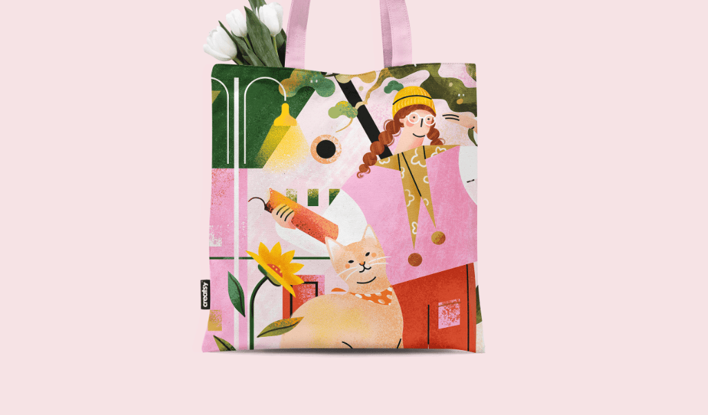 小园素纯手绘扁平风插画「光阴好②」商业应用展示，用于帆布袋印花插画设计，可商用
