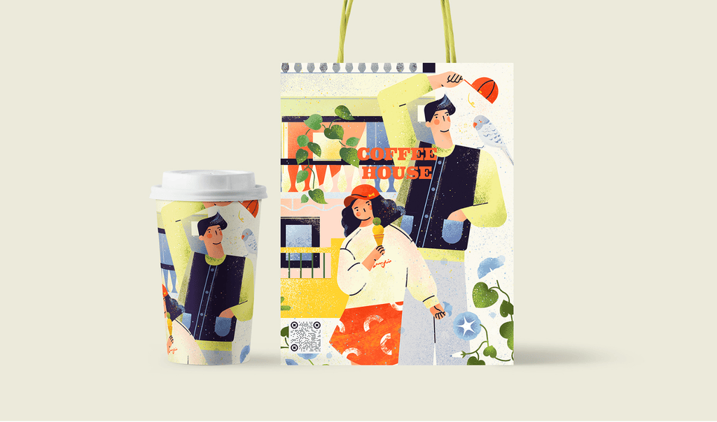 小园素纯手绘扁平风插画「光阴好③ Lovely Moment」商业应用展示，用于饮品包装插画设计，可商用