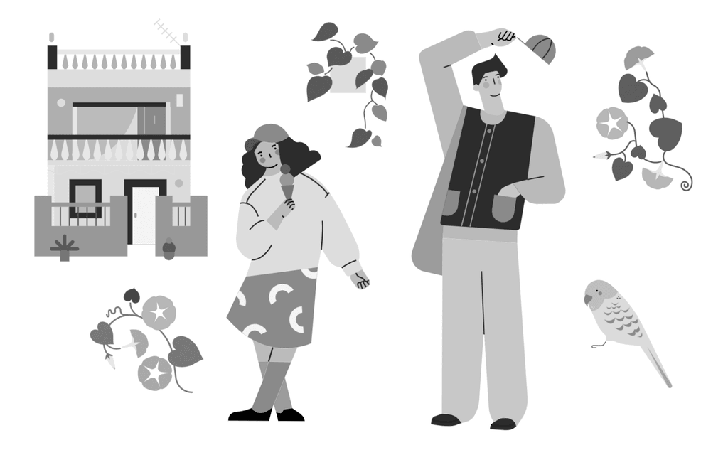 小园素纯手绘扁平风插画「光阴好③ Lovely Moment」的SVG元素展示，所有元素均来自小园素素材库，包含人物、植物、建筑元素，可商用