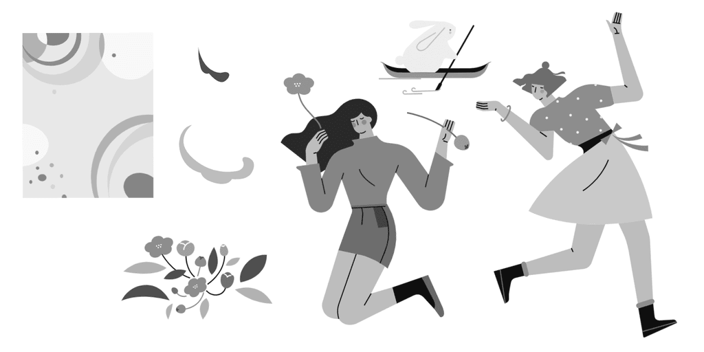 小园素纯手绘扁平风插画「花漾趣玩②」的SVG元素展示，均来自小园素素材库，包含人物、动物、背景、形状、植物等元素，可编辑可商用