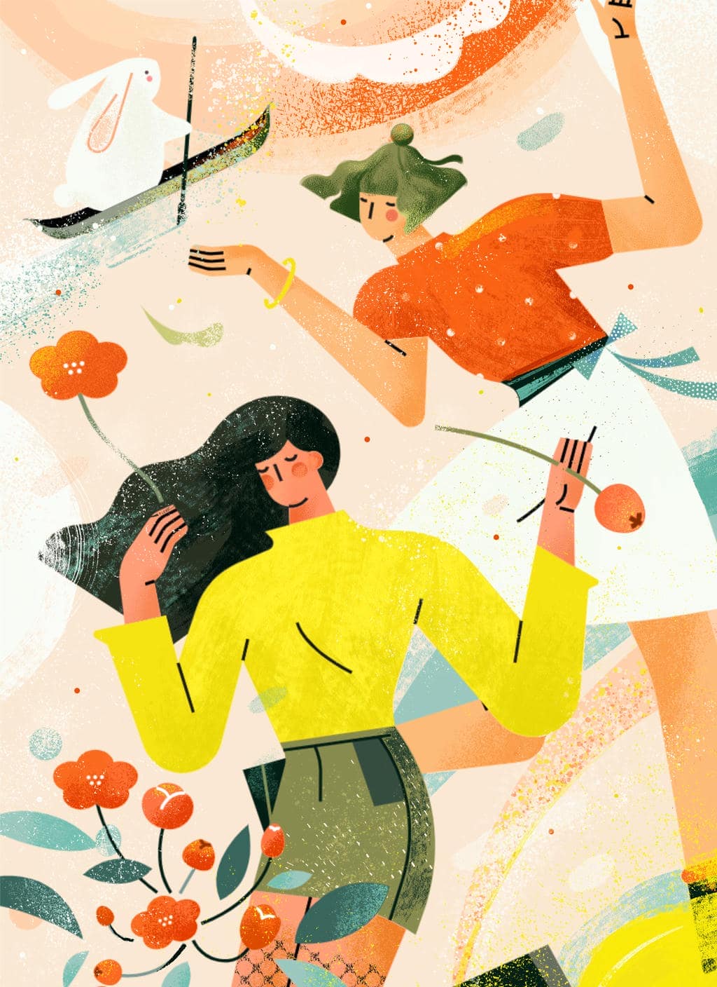 小园素纯手绘扁平风插画「花漾趣玩②」肌理最终版，画面质感丰富，主打动感满满的视觉氛围，可商用