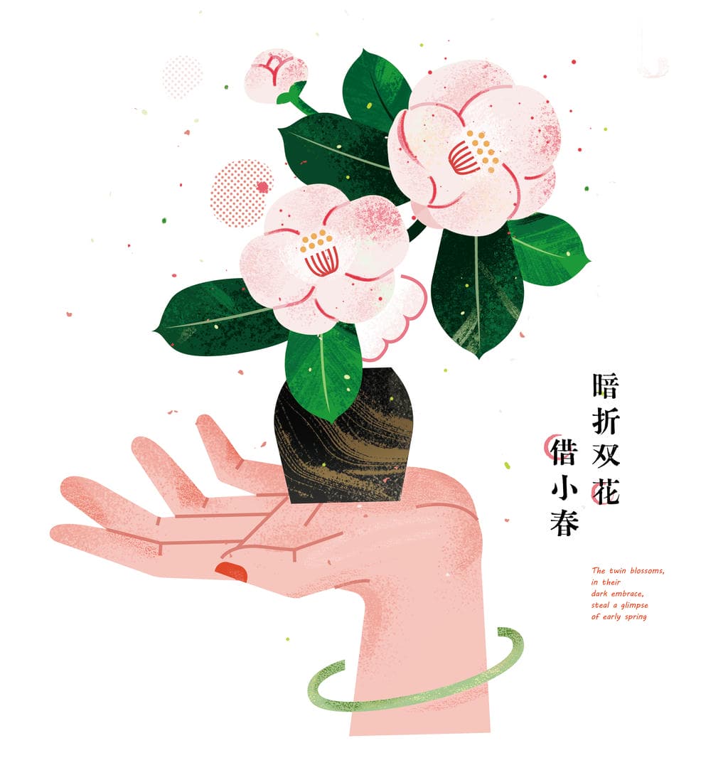 小园素纯手绘扁平风古风插画作品「少年游｜宋词系列①」，暗折双花借小春手捧山茶花场景，结合诗词元素与国风原创贴纸，可商用