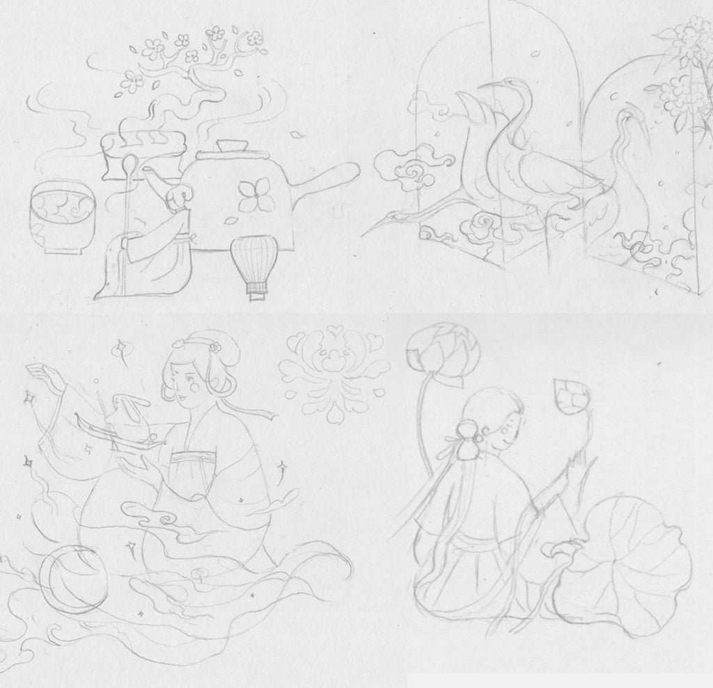 小园素纯手绘非AI古风插画作品「任天真｜唐诗系列①」，创作草稿线稿，展示完整创作流程与国风原创元素。