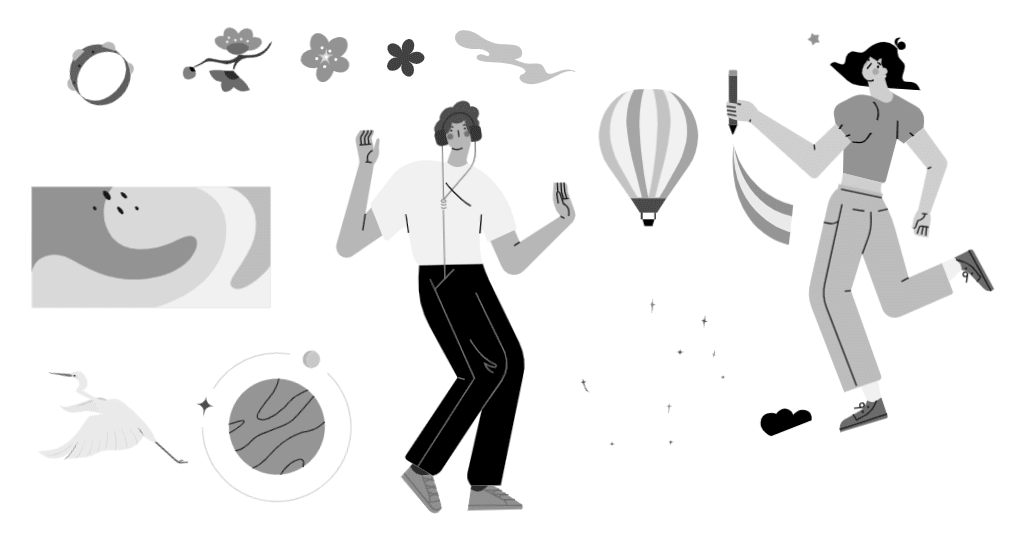 小园素纯手绘非 AI 插画「星河闲游」的 SVG 元素展示，均来自小园素素材库，包含人物、动物、器物、装饰图形等元素，可编辑可商用