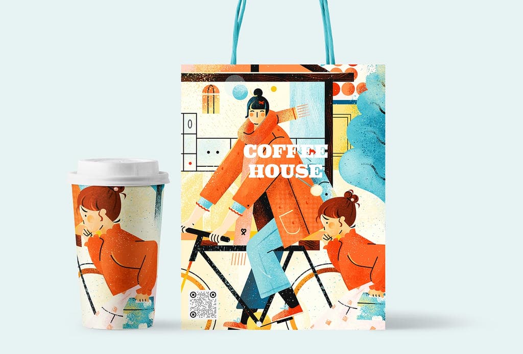 小园素纯手绘非 AI 插画「暖途」商业应用展示，用于饮品包装插画设计，可商用