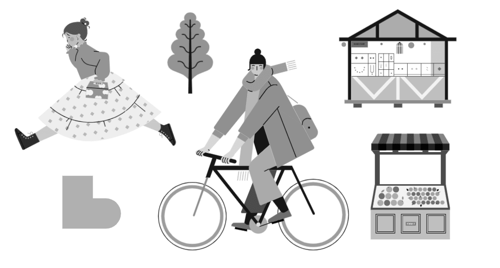 小园素纯手绘非 AI 插画「暖途」的 SVG 元素展示，均来自小园素素材库，包含人物、建筑、植物、背景图形等元素，可编辑可商用