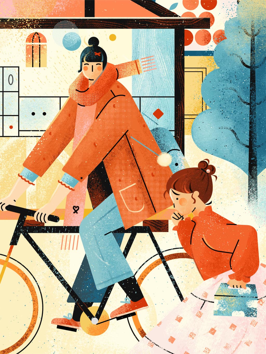 小园素纯手绘非 AI 插画「暖途」肌理最终版，画面质感细腻，「鲜亮橘蓝」配色，可商用