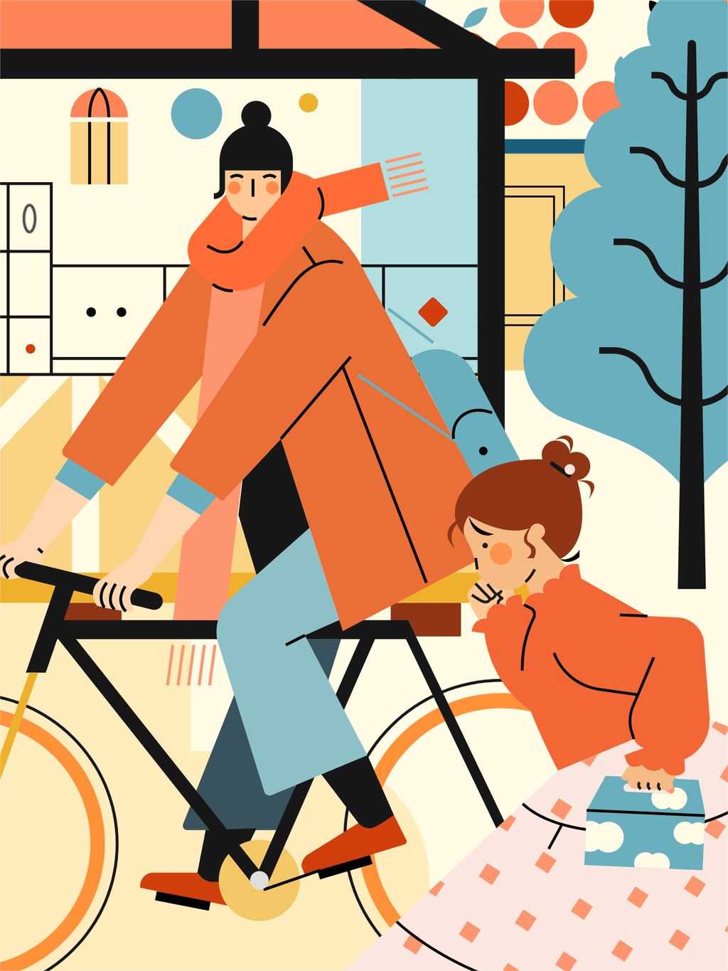 小园素纯手绘非 AI 插画「暖途」矢量上色版，由小园素元素组合而成，「鲜亮橘蓝」配色，可编辑可商用