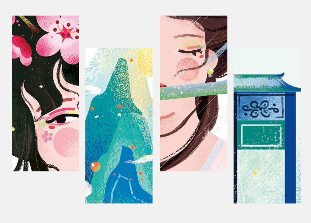 小园素纯手绘非 AI 古风插画作品「一天星｜宋词系列②」，画面细节拼接展示，结合诗词元素与国风原创贴纸，可商用。