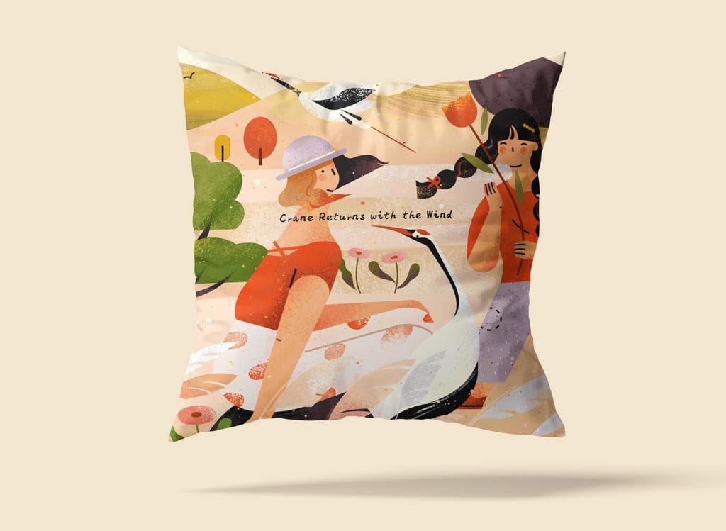小园素纯手绘非 AI 插画「风归鹤」商业应用展示，用于抱枕插画设计，可商用