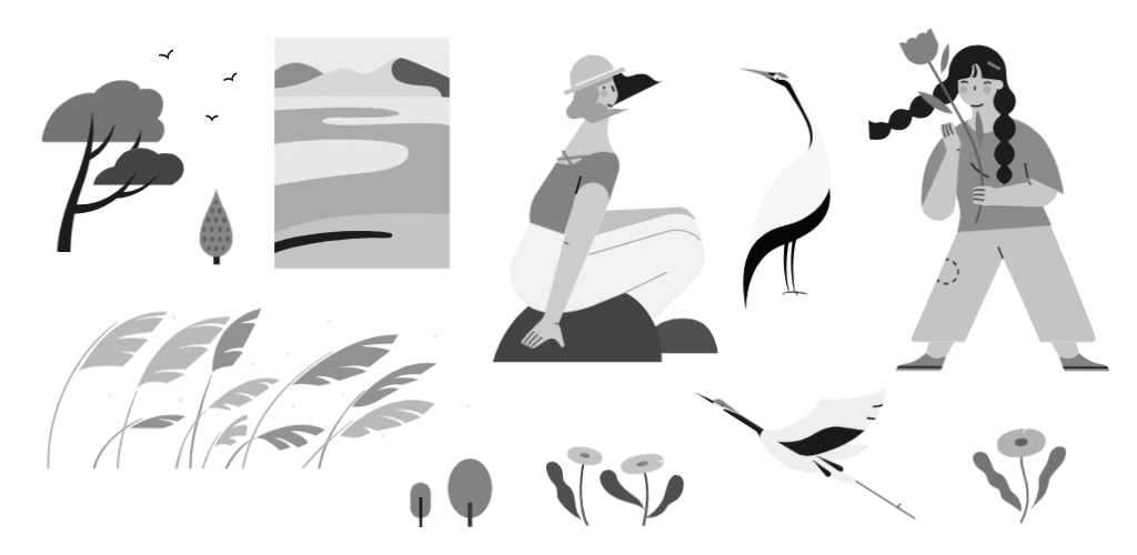 小园素纯手绘非 AI 插画「风归鹤」的 SVG 元素展示，均来自小园素素材库，包含人物、仙鹤、花草、树木等元素，可编辑可商用