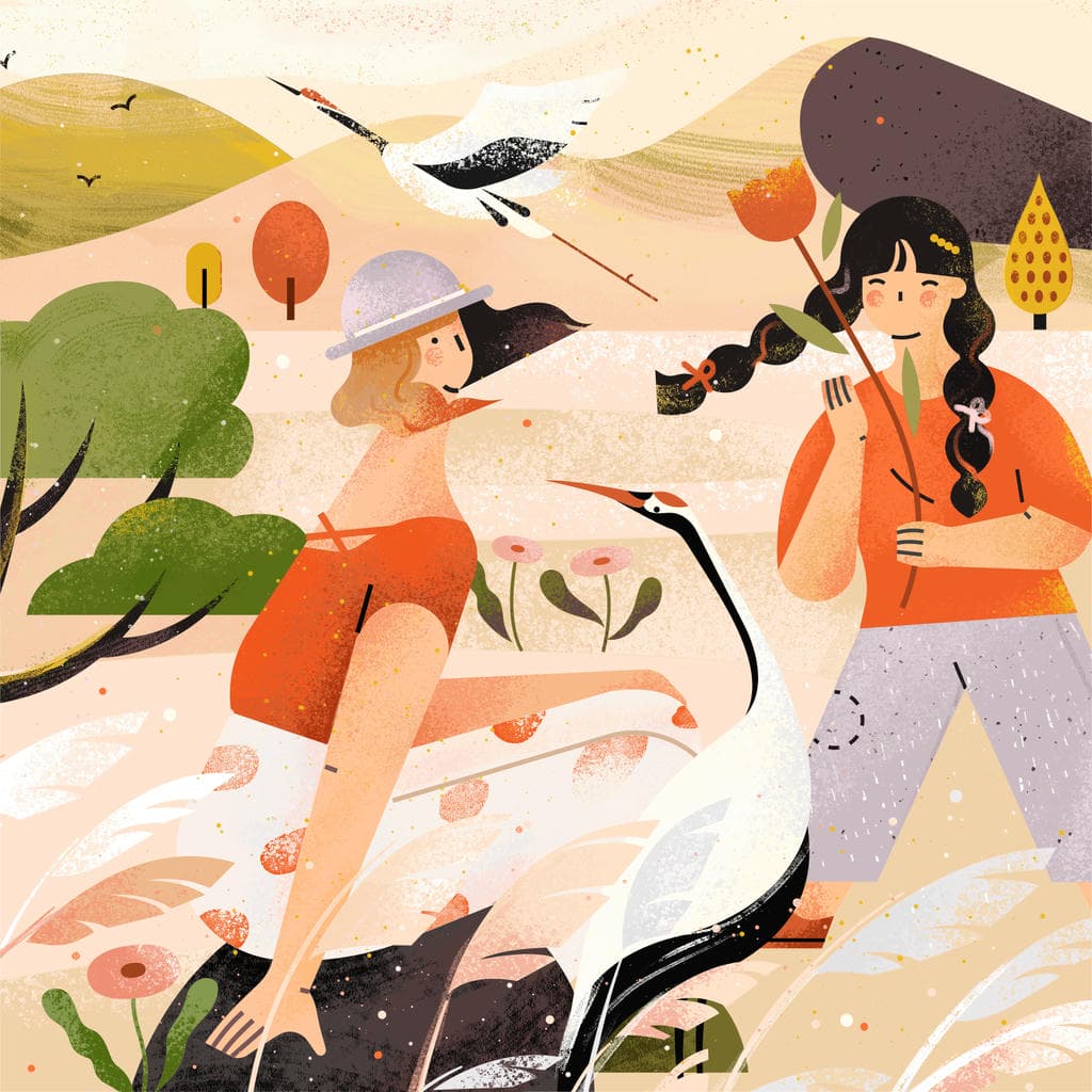 小园素纯手绘非 AI 插画「风归鹤」肌理最终版，画面质感细腻，暖色调治愈风，可商用