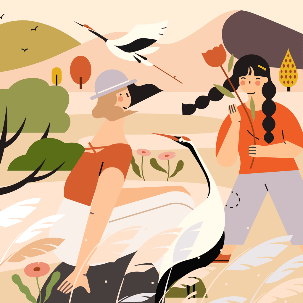 小园素纯手绘非 AI 插画「风归鹤」矢量上色版，由小园素的元素组合而成，使用奶咖暖橘的配色，可编辑可商用