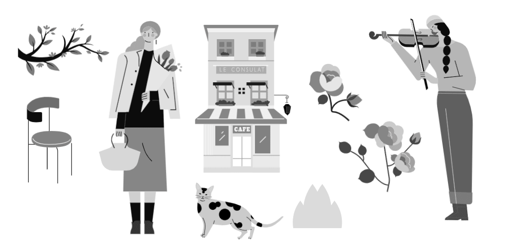 小园素纯手绘扁平风插画「街角的小提琴・Blooming Fun」的 SVG 元素展示，均来自小园素素材库，包含人物、家居、建筑、形状、植物、动物等元素，可编辑可商用