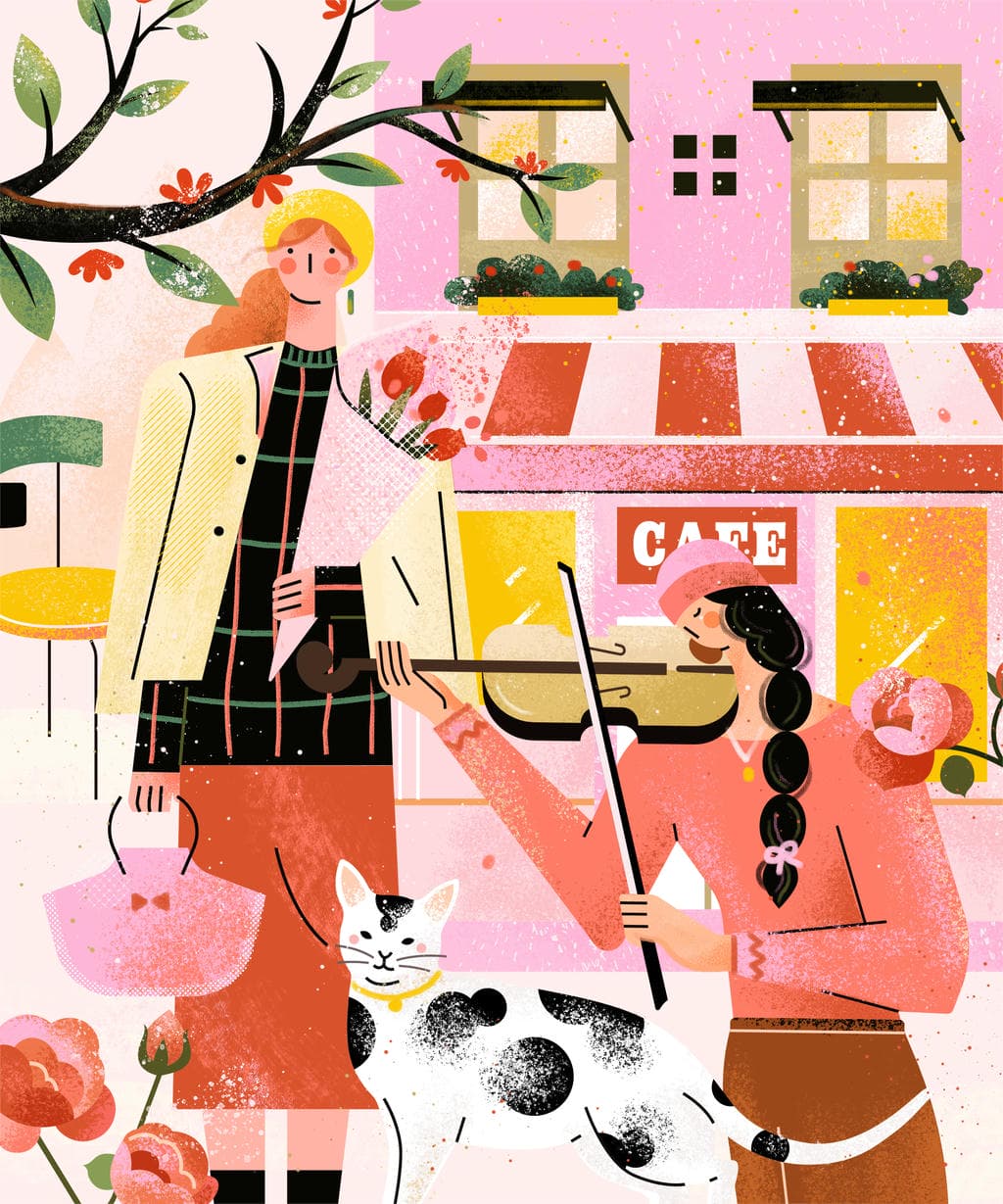 小园素纯手绘扁平风插画「街角的小提琴・Blooming Fun」肌理最终版，画面质感丰富，由「春日街角咖啡馆、拉小提琴的女孩、捧花行人、猫咪、花卉」构成，可编辑可商用