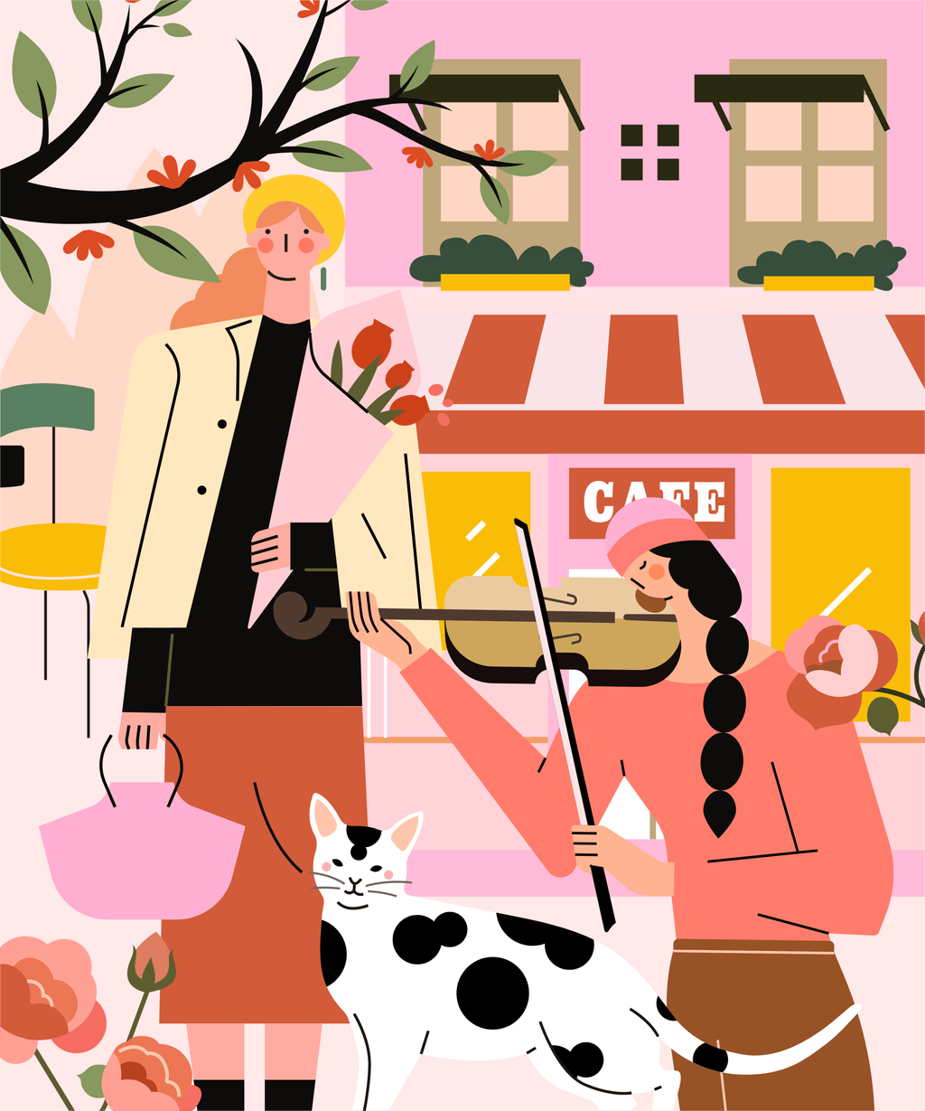 小园素纯手绘扁平风插画「街角的小提琴・Blooming Fun」矢量上色版，由小园素元素组合而成，「蜜桃金粉」配色，可编辑可商用