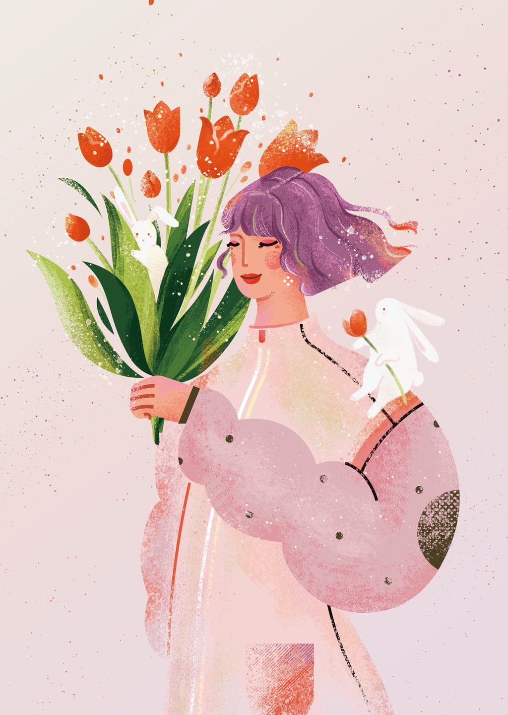 小园素纯手绘扁平风日历插画作品「三月」肌理最终版，画面质感丰富，由抱花女孩、郁金香、兔子、春日场景构成，可编辑可商用