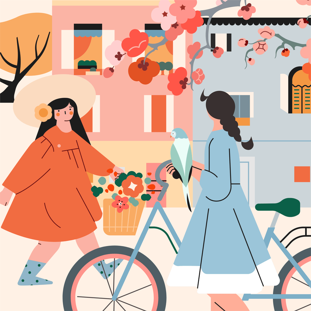 小园素纯手绘扁平风插画「花事・lovely Moment」矢量上色版，由小园素元素组合而成，「静涩奶蓝」配色，可编辑可商用