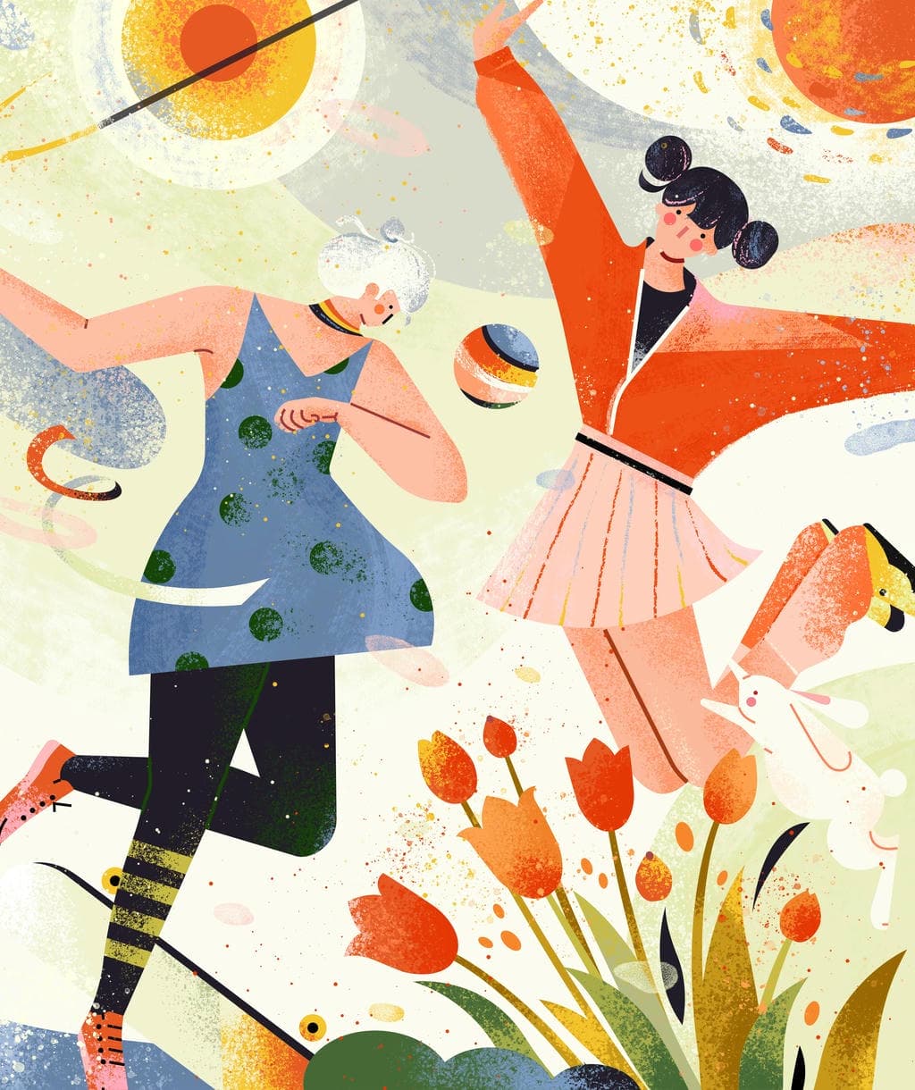 小园素纯手绘扁平风插画「野趣・Blooming Fun」肌理最终版，画面质感丰富，由春日运动少女、郁金香、兔子、阳光构成，可编辑可商用