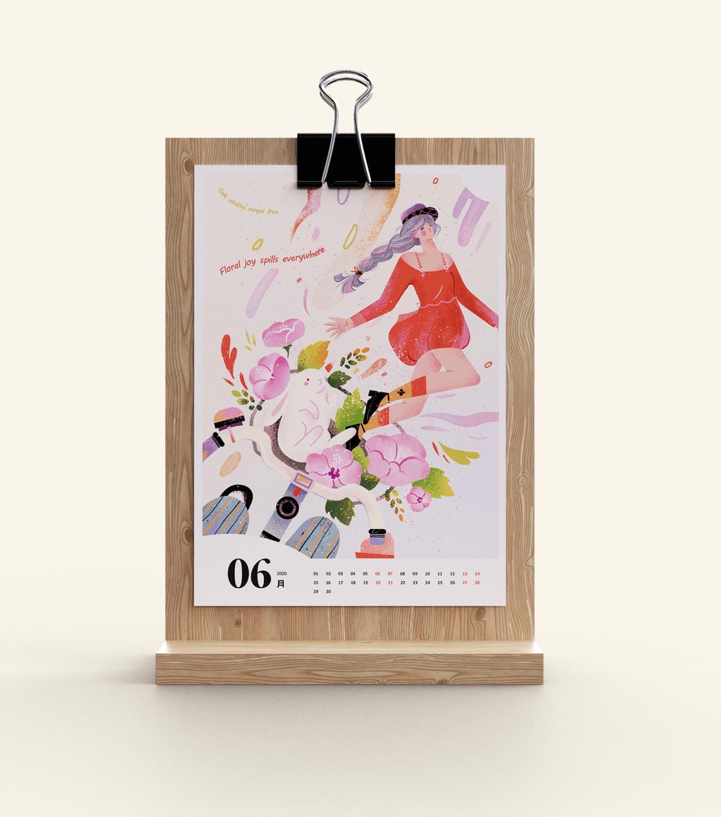 小园素纯手绘扁平风日历插画作品「六月」商业应用场景展示，用于日历插画设计，授权可商用