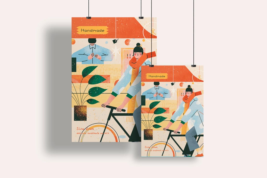 小园素纯手绘扁平风插画「秋日慢行・Handmade Market」商业应用展示，用于海报文创插画设计，可商用