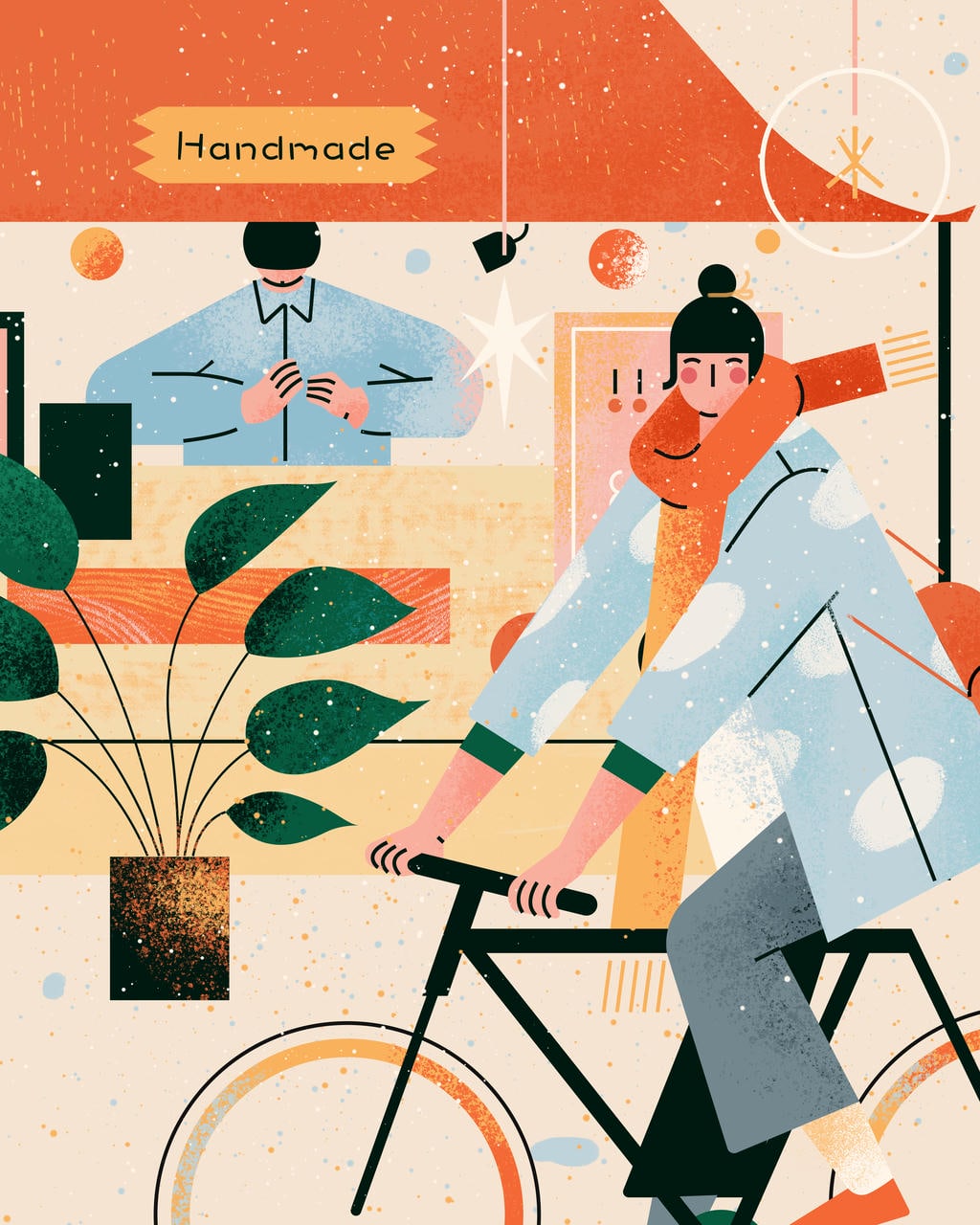 小园素纯手绘扁平风插画「秋日慢行・Handmade Market」肌理最终版，画面质感丰富，由秋日骑行少女、手作文艺市集、复古暖调市井场景构成，可编辑可商用